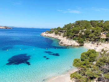 Scenic view of sea against blue sky
