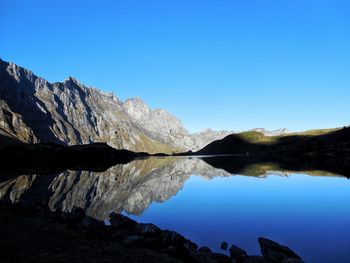 Scenic view of lake and mountains against clear blue sky