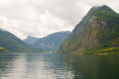 Scenic view of lake and mountains against sky