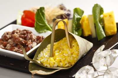 Close-up of meal served in tray