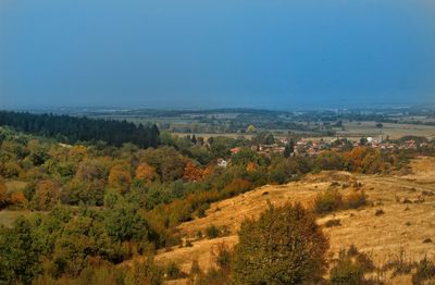 Scenic view of landscape against clear blue sky