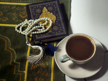 High angle view of breakfast on table