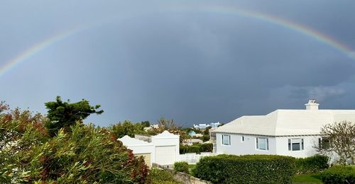 Rainbow over buildings in city against sky