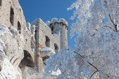 Low angle view of snow on building against sky