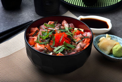 High angle view of salad in bowl on table