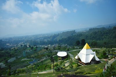 High angle view of tent on mountain against sky