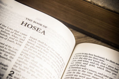 High angle view of text on book