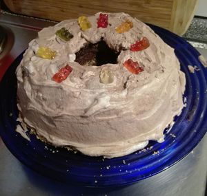 High angle view of cake in plate on table