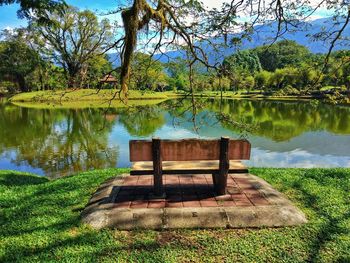 Gazebo by lake in park