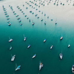 Aerial view of sailboats in sea