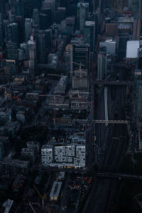 High angle view of modern buildings in city