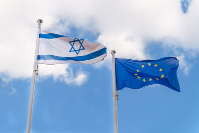 Israeli flag and eu flag fly against sky. cooperation between israel and countries of european union