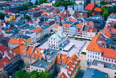 High angle view of buildings in city