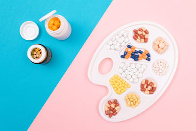 High angle view of breakfast served on table