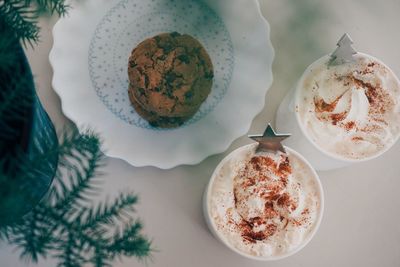 High angle view of coffee served on table