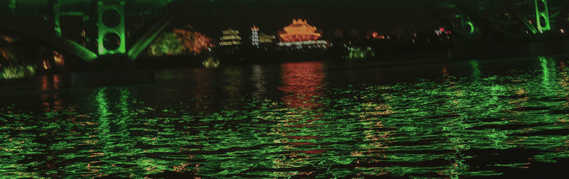 Reflection of illuminated water in lake at night