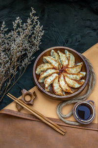 High angle view of noodles in bowl on table