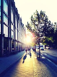 View of city street at sunset