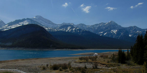 Scenic view of lake and mountains against sky