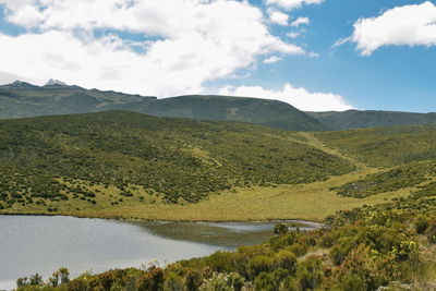 Scenic view of lake and mountains against sky