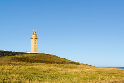Lighthouse on field against clear blue sky