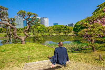 Rear view of man sitting by lake against blue sky