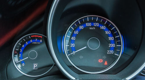 Close-up of speedometer in car