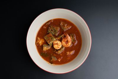 Directly above shot of soup in bowl on table