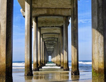 Pier on sea against blue sky