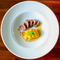 High angle view of breakfast served on table