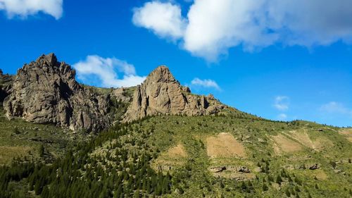 Scenic view of mountains against blue sky