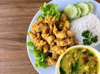 High angle view of meal served on table