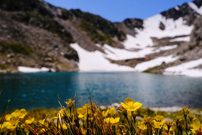 Scenic view of lake and mountains against sky