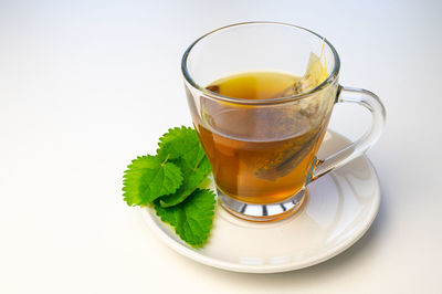 Nettle infusion in transparent cup, a sachet in water, a white saucer  and nettle leaves. 