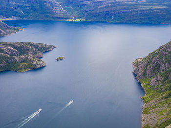 High angle view of boats at sea