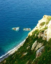 High angle view of sea by cliff