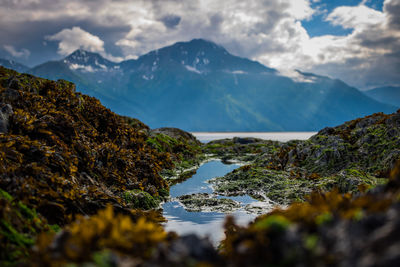 Scenic view of lake and mountains against sky