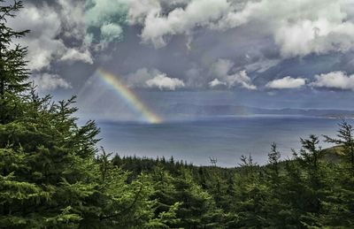 Rainbow over landscape against cloudy sky