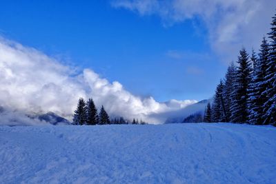 Snow covered landscape against cloudy sky