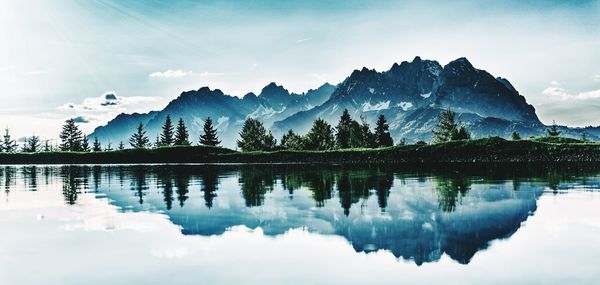 Reflection of trees in lake against sky