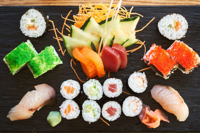 High angle view of sushi on table