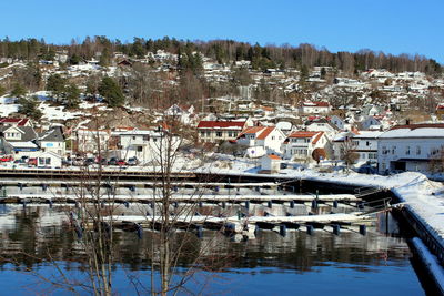 Scenic view of town against clear blue sky