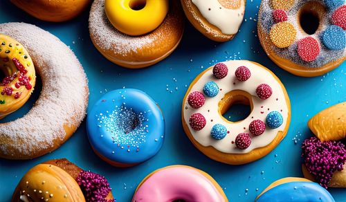 Food photography closeup of various decorated moving doughnuts falling on blue background