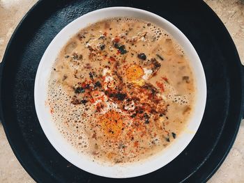 High angle view of soup in bowl on table