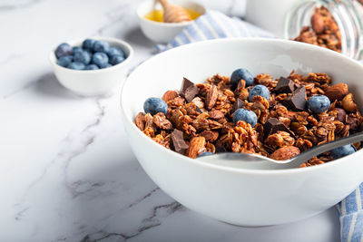 High angle view of breakfast in bowl on table