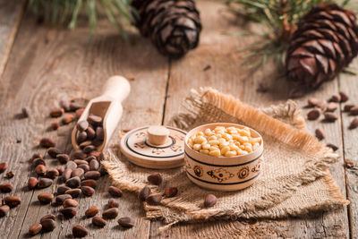 High angle view of coffee beans on table