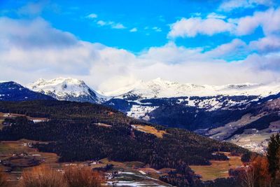 Scenic view of snowcapped mountains against sky