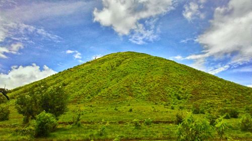 Low angle view of green landscape against sky