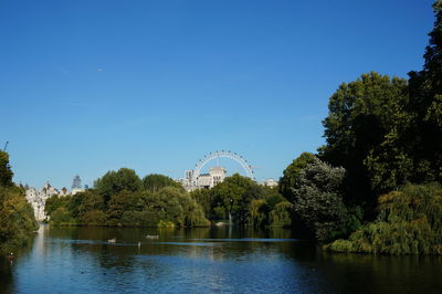 Scenic view of river against clear blue sky