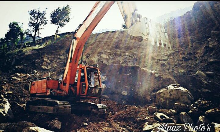 bulldozer, construction site, tree, construction machinery, heap, road construction, outdoors, digging, landscape, industrial equipment, no people, quarry, day